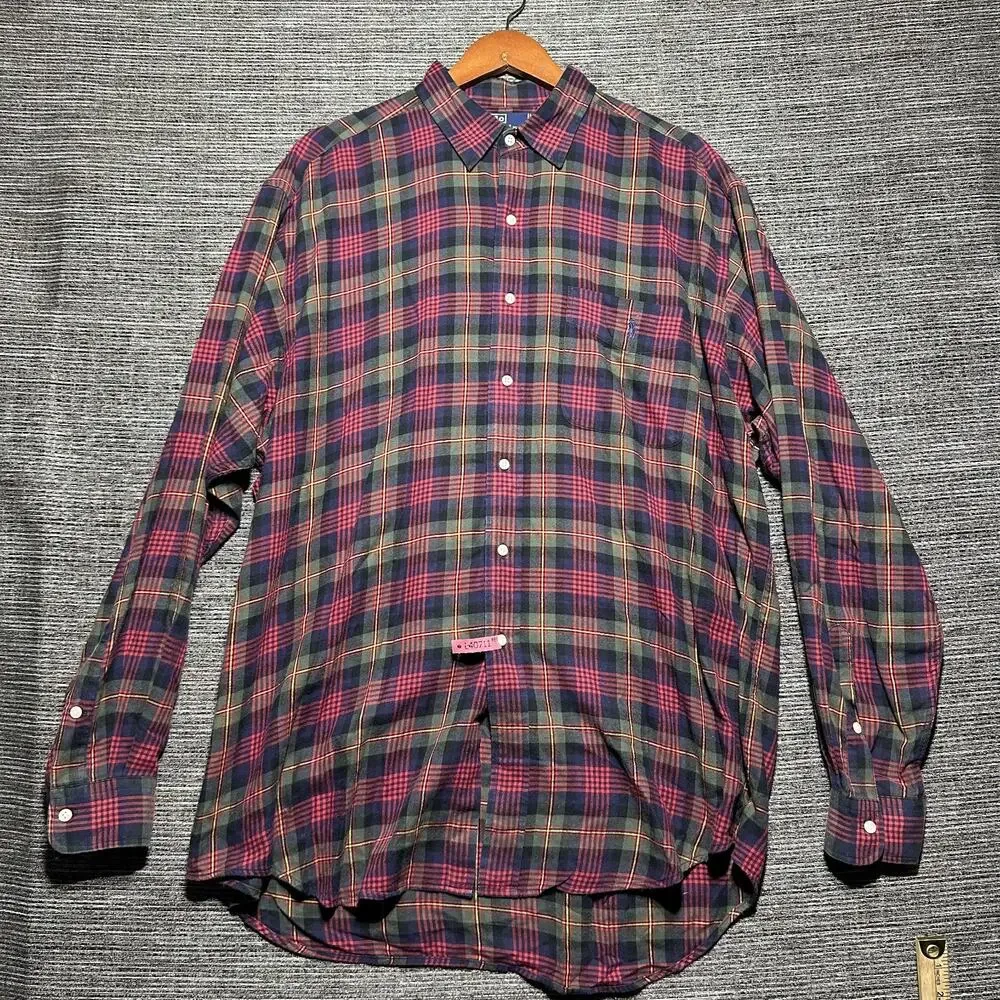 Polo Ralph Lauren Flannel Shirt Men's Large Plaid Blue Red Button Elliott